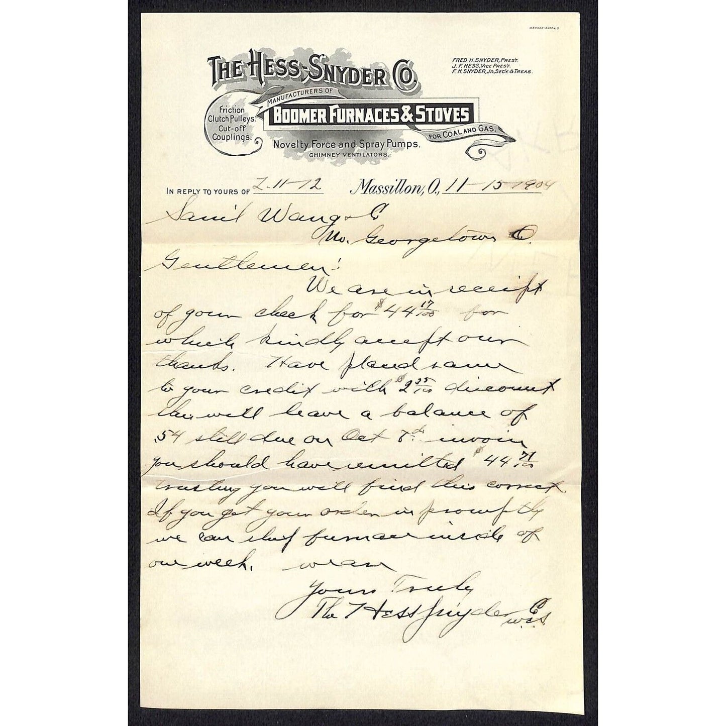 Hess-Snyder Co. Massillon, OH 1904 ALS Samuel Wang* N. Georgetown , OH