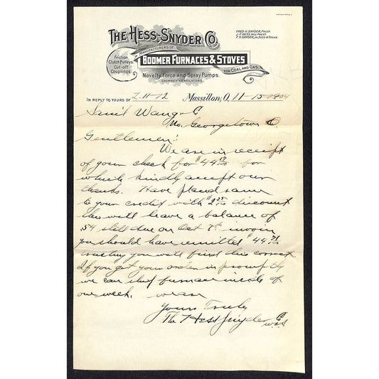 Hess-Snyder Co. Massillon, OH 1904 ALS Samuel Wang* N. Georgetown , OH