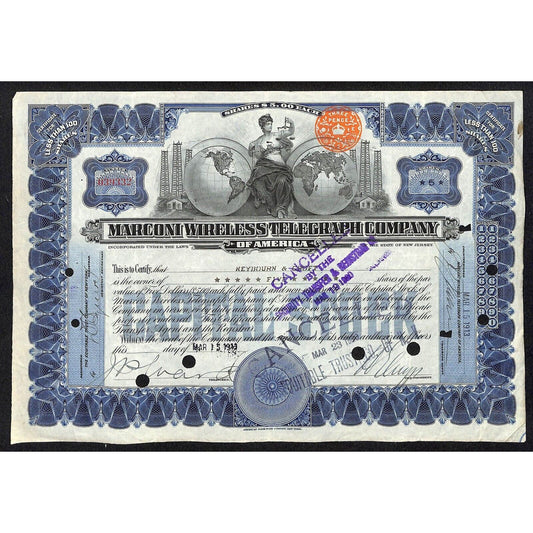 Marconi Wireless Telegraph 1913 Stock Certificate "Heybourn & Croft" 5 Shares