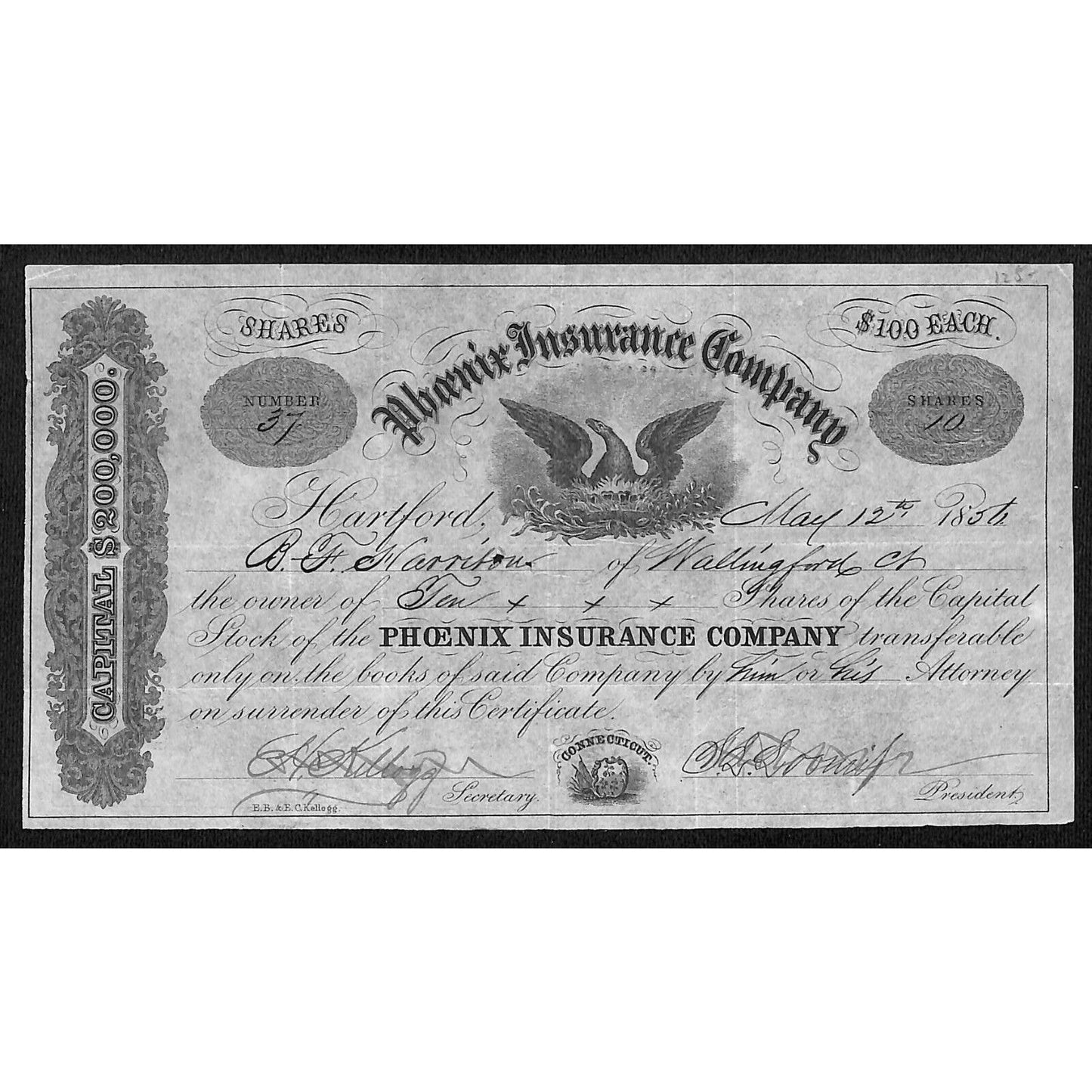 Phoenix Insurance Co. Hartford 1856 B.F. Harrison Wallingford Stock Certificate