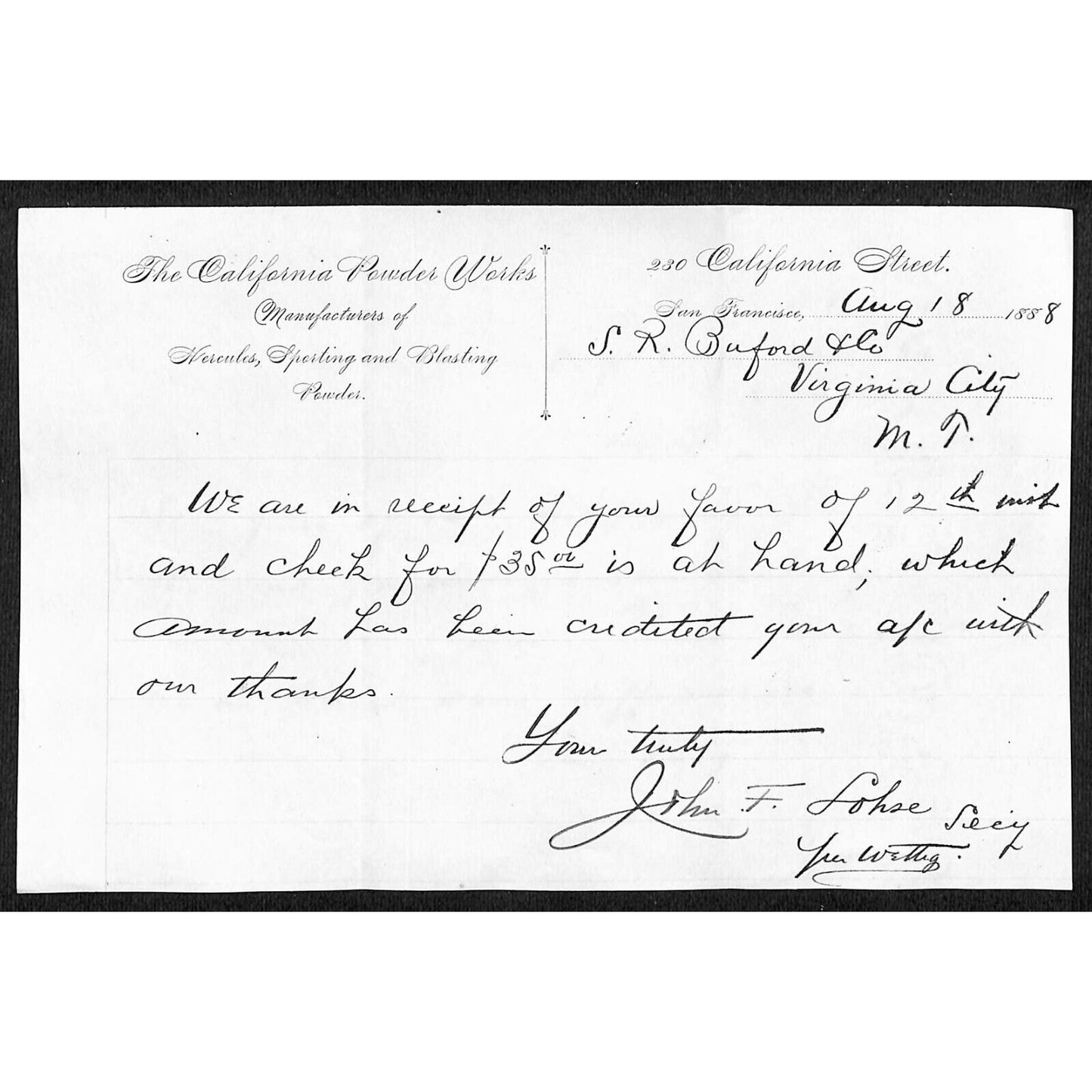 California Powder Works Hercules Dynamite 8/18 1888 ALS Letterhead S.R. Buford*