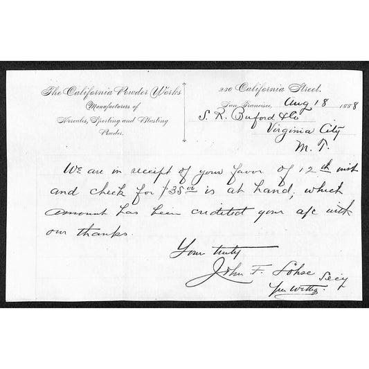 California Powder Works Hercules Dynamite 8/18 1888 ALS Letterhead S.R. Buford*