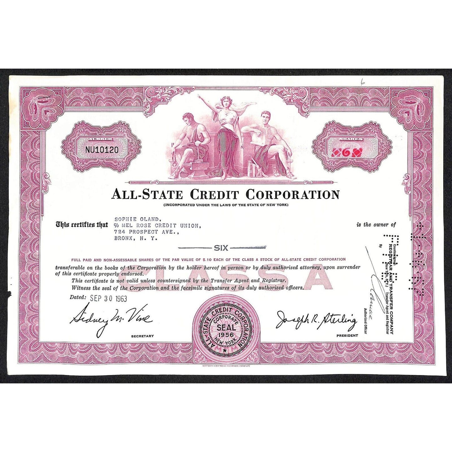 All State Credit Corporation NY 1963 Stock Certificate Sophie Oland