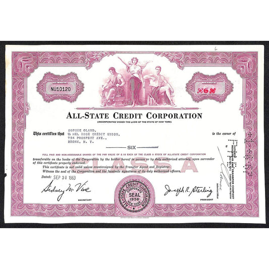 All State Credit Corporation NY 1963 Stock Certificate Sophie Oland
