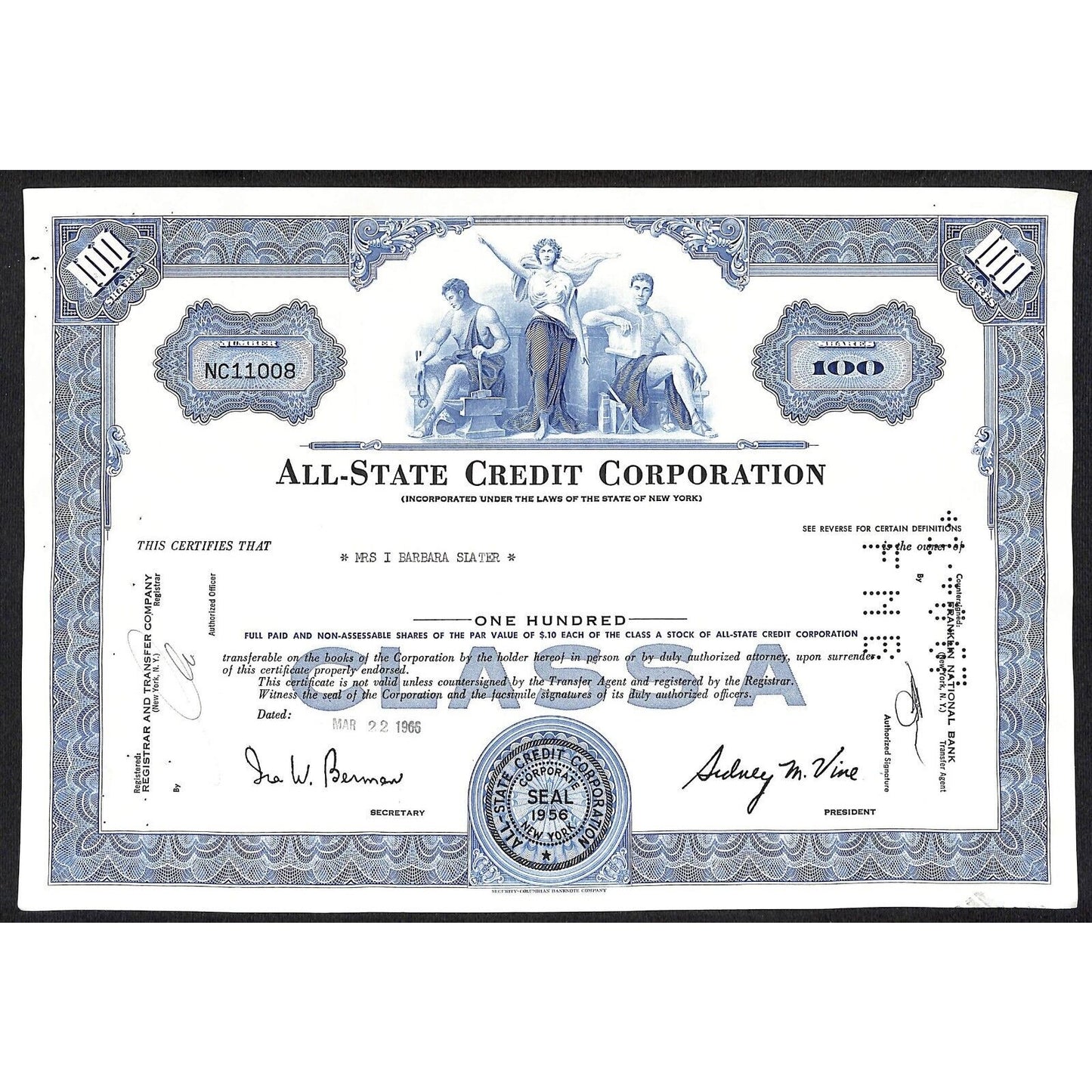 All State Credit Corporation NY 1966 Stock Certificate - Mrs. I Barbara Slater