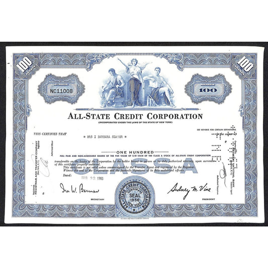 All State Credit Corporation NY 1966 Stock Certificate - Mrs. I Barbara Slater