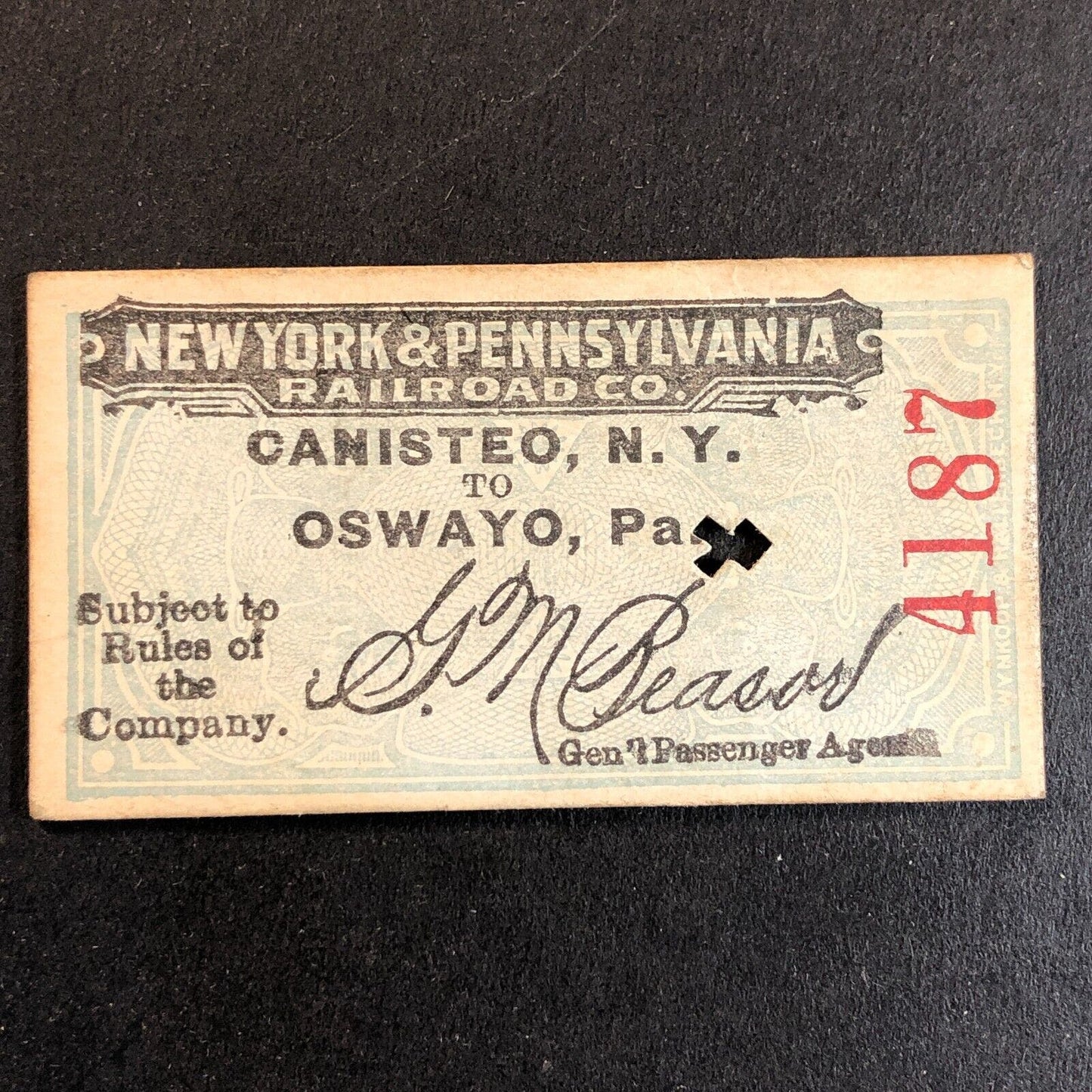 New York & Pennsylvania Railroad July 17 1917 Oswayo Ticket #4187 Scarce