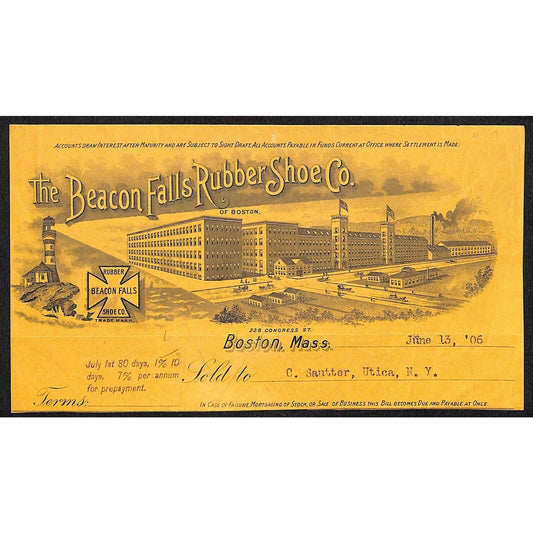 Beacon Falls Rubber Shoe Co. Boston 1906 Trimmed Billhead Lighthouse