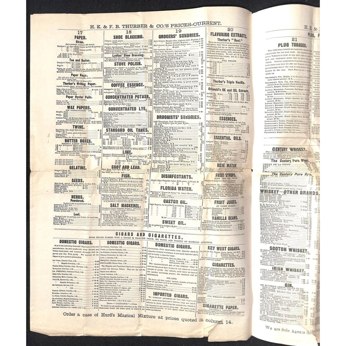 H.K. & F.B. Thurber & Co NYC 1879 Newspaper-Style Whsl. Food Price List Scarce