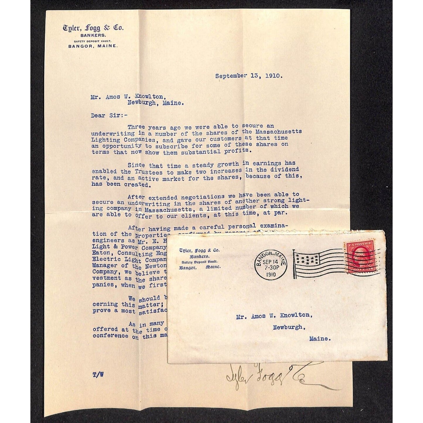 Bangor, ME & Co. Bankers Letterhead & Cover re: Mass Lighting 1910 VGC Knowlton*