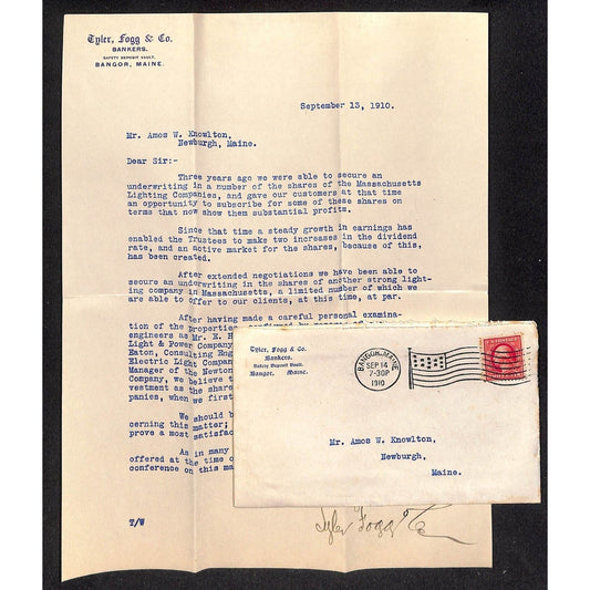 Bangor, ME & Co. Bankers Letterhead & Cover re: Mass Lighting 1910 VGC Knowlton*