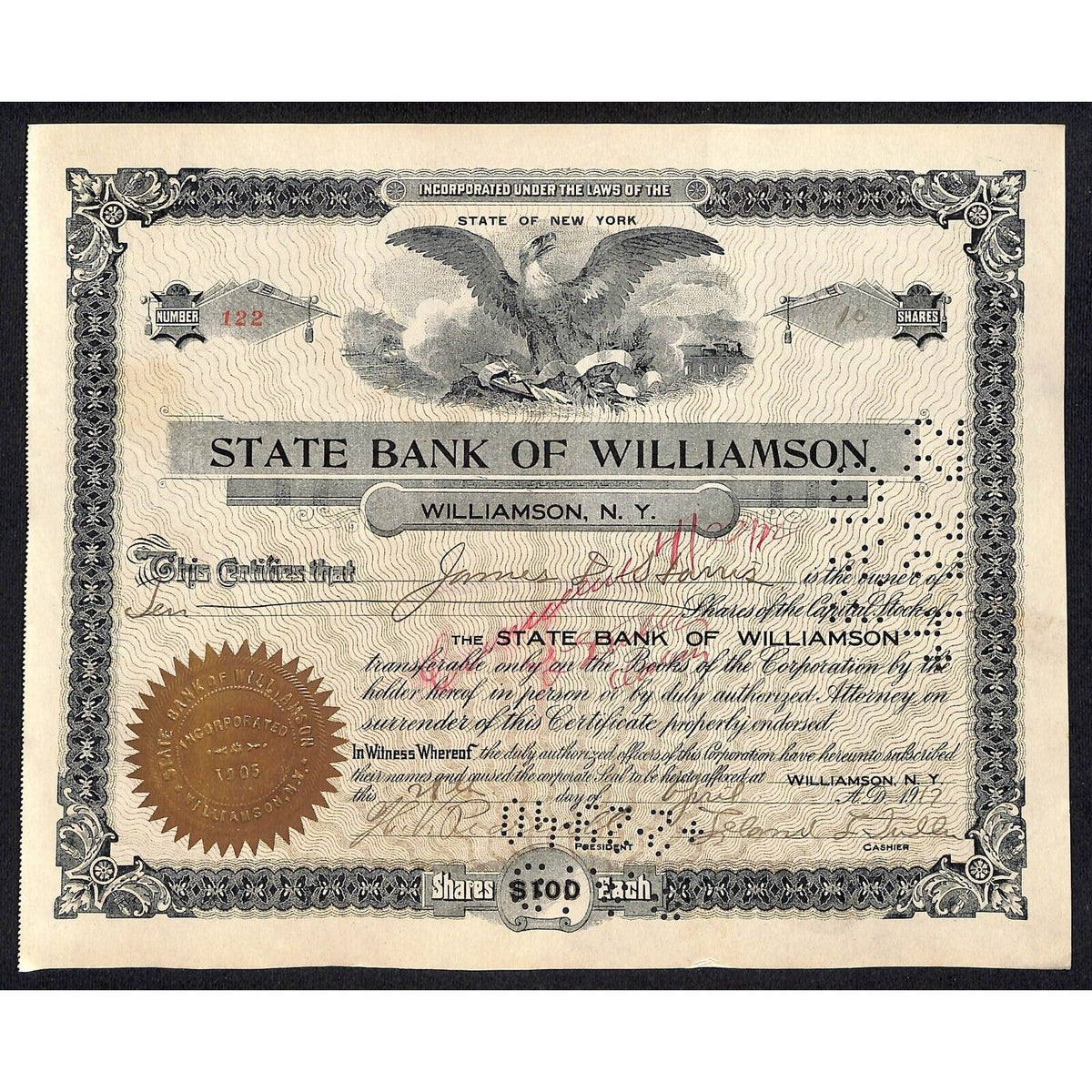 State Bank of Williamson NY 1917 Stock Certificate James D. Harris #122 Scarce