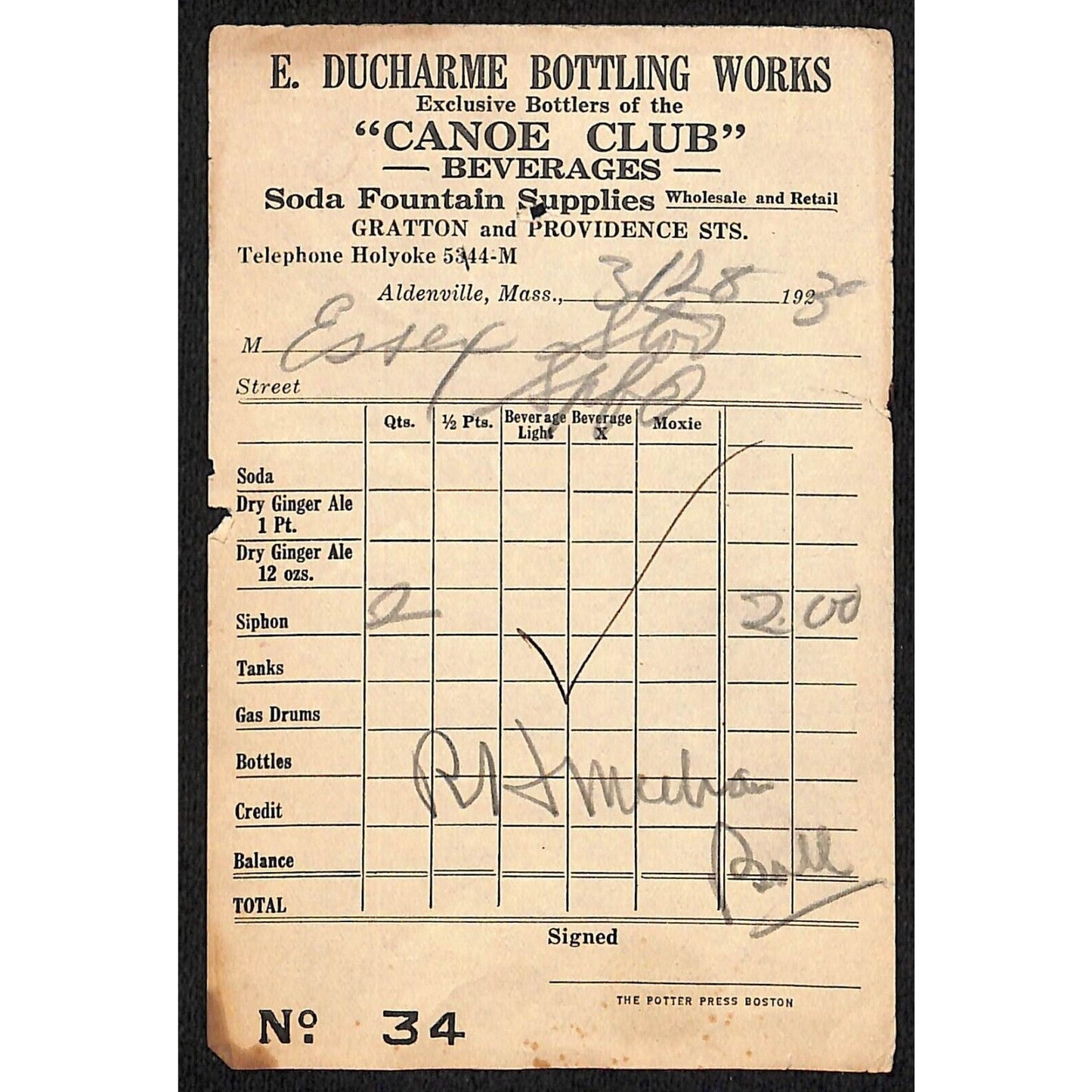 Ducharme Bottling Works "Canoe Club" Soda Fountain Supplies 1930 Delv. Receipt