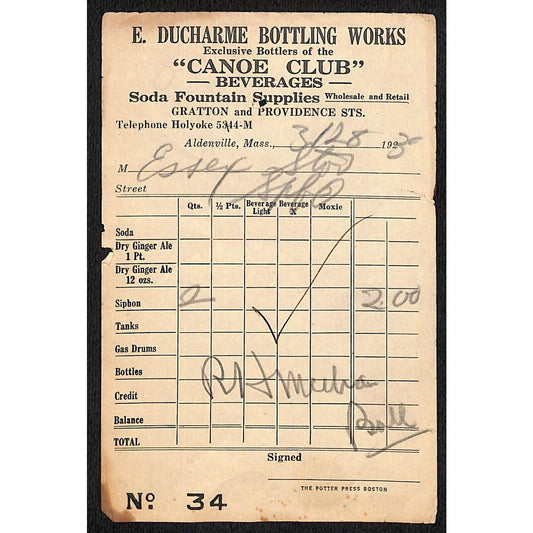 Ducharme Bottling Works "Canoe Club" Soda Fountain Supplies 1930 Delv. Receipt