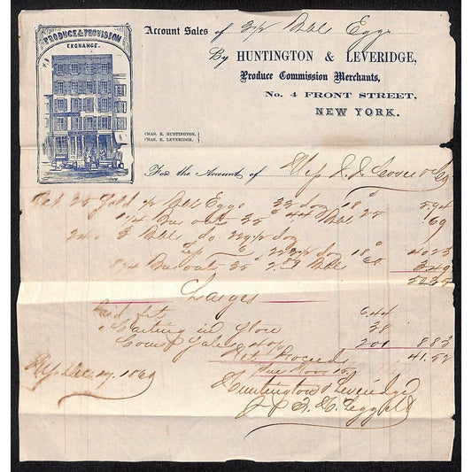 Huntington & Leveridge Front St. NYC 1869 J.J. Cover, Johnsville, OH* Billhead