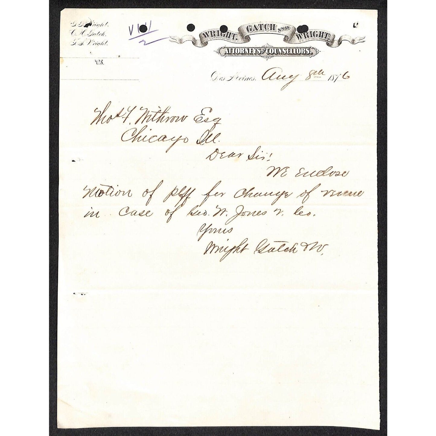 Wright, Gatch and Wright Des Moines Attorneys 1876 Letterhead re Change of Venue