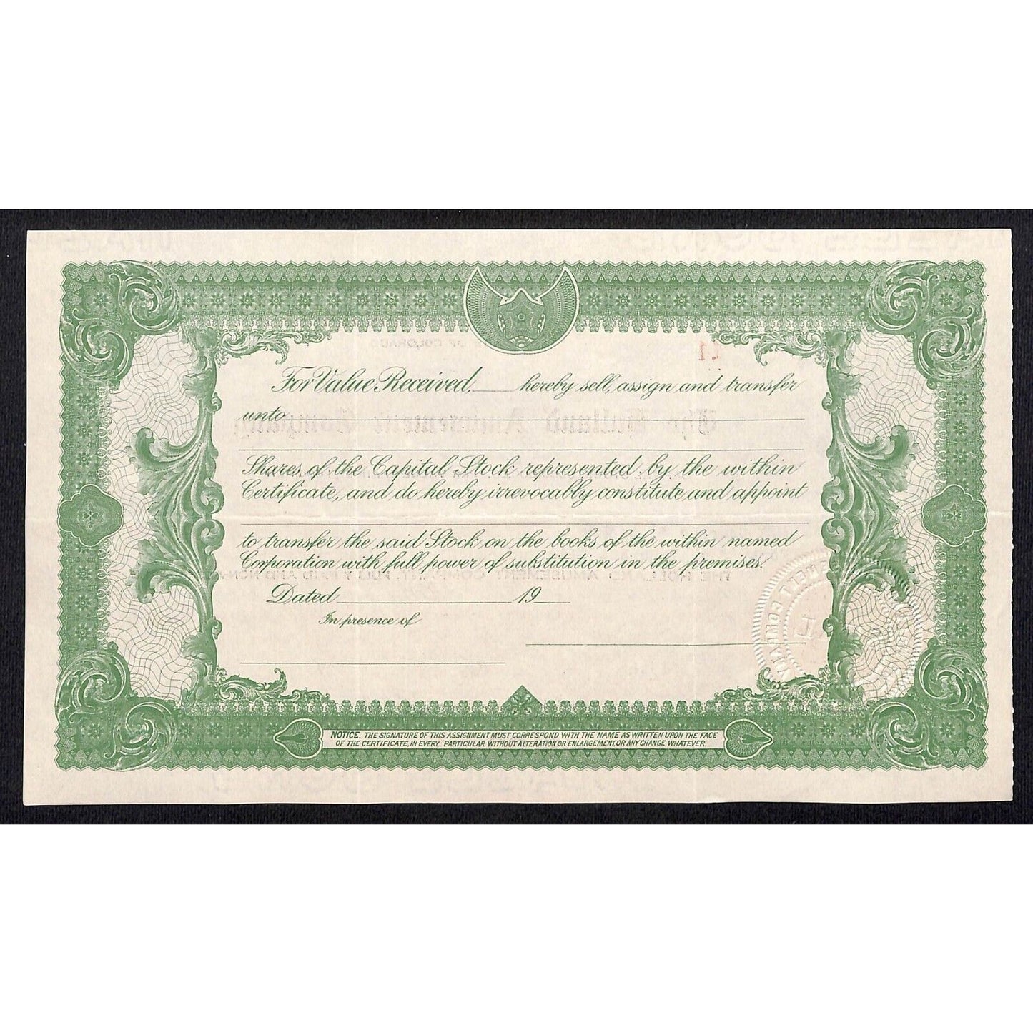 Holland Amusement Company Colorado 1927 Stock Certificate #10 44,999 Shares