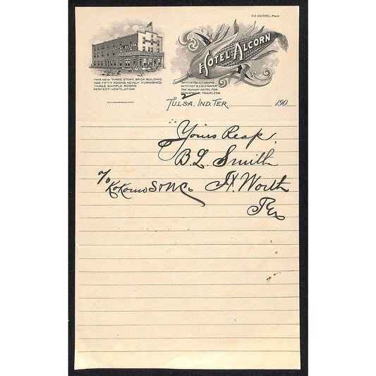 190? Hotel Alcorn Tulsa Indian Territory 1st Page ALS Corn Cob Vignette