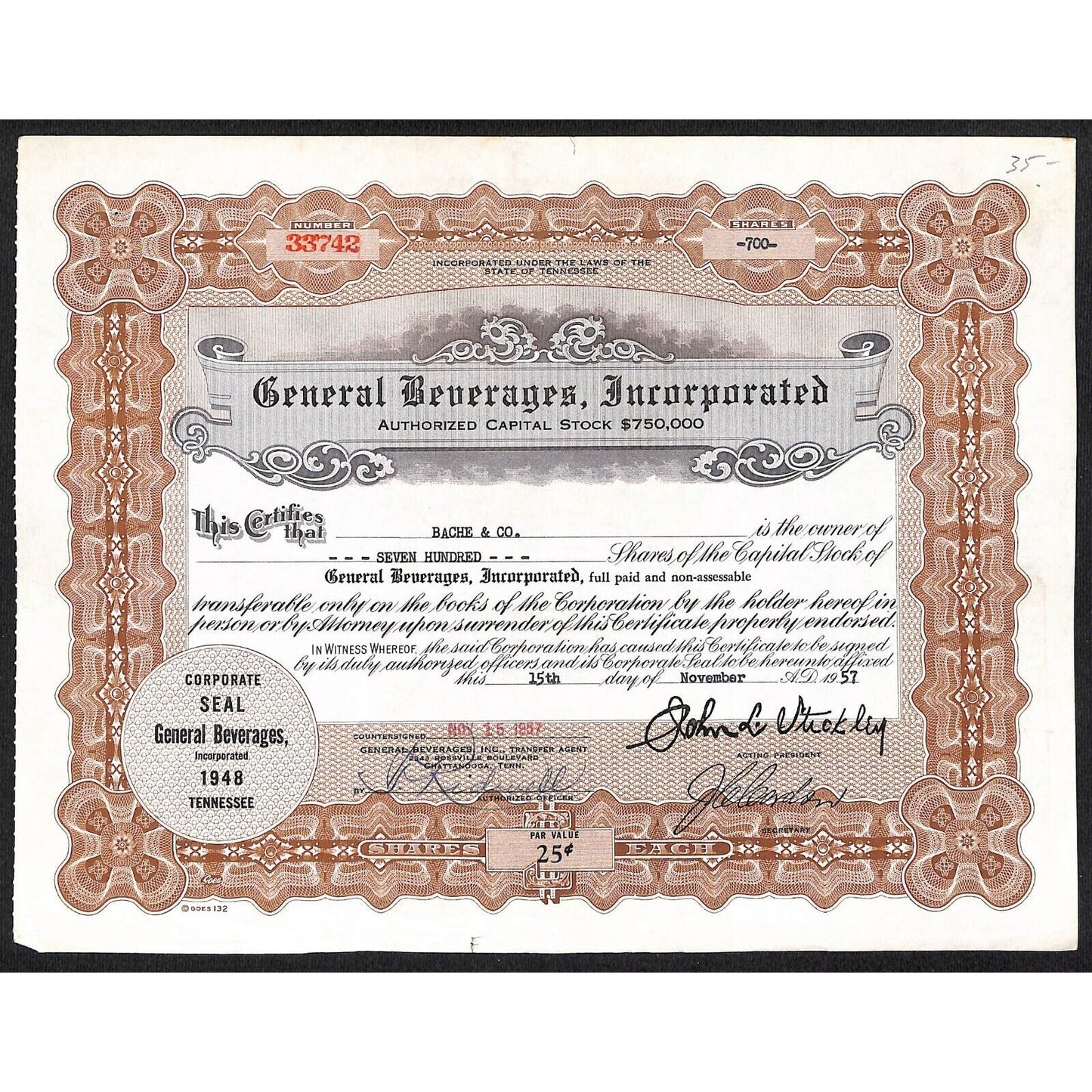 General Beverages, Inc.* Tennessee 1957 Stock Certificate Bache & Co. #33742