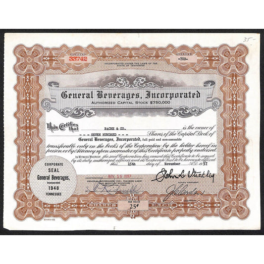 General Beverages, Inc.* Tennessee 1957 Stock Certificate Bache & Co. #33742