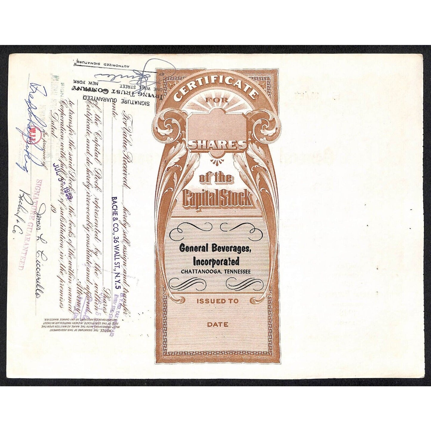 General Beverages, Inc.* Tennessee 1955 Stock Certificate James L. Ciccarello