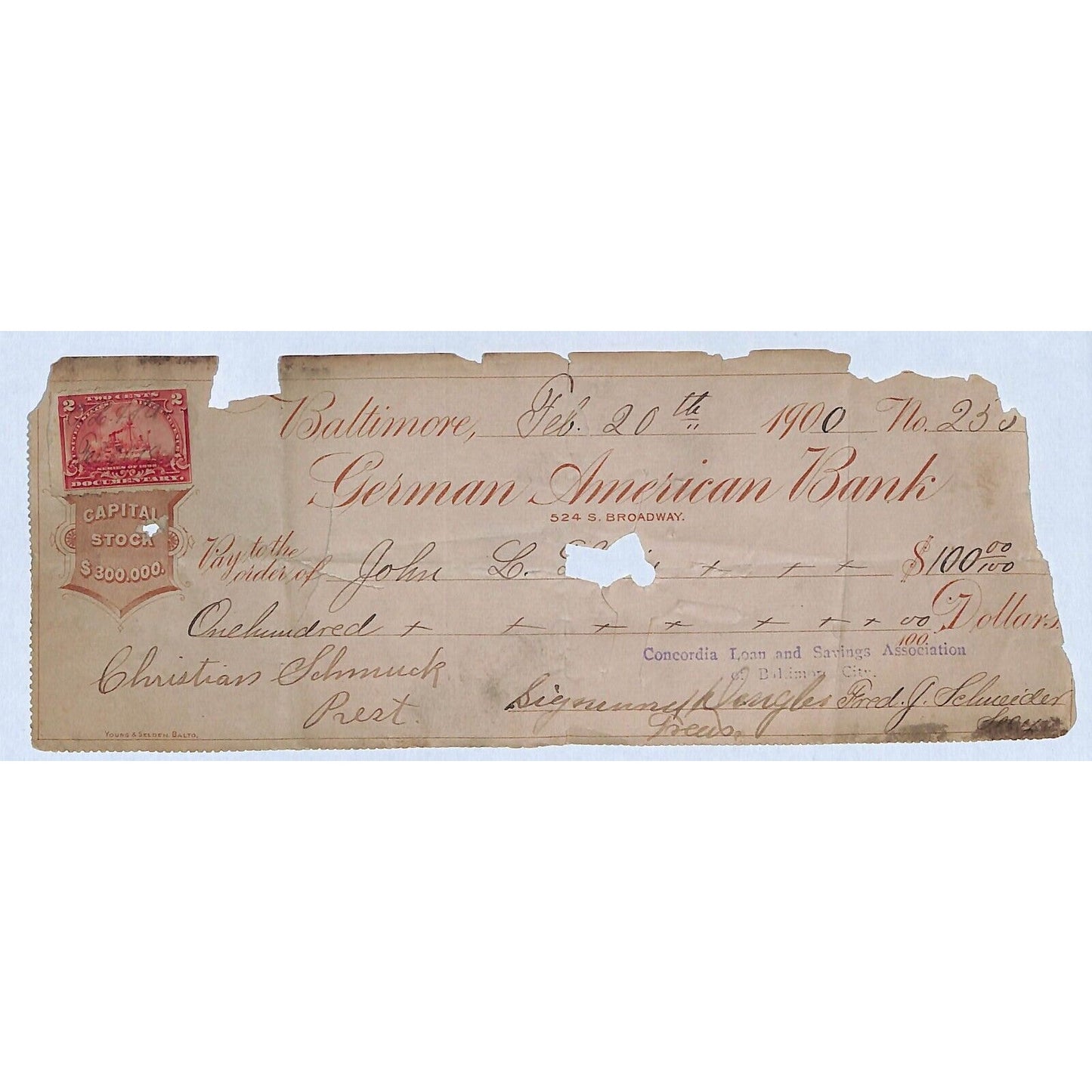 1900 German American Bank Check w/ Rev Stamp - Poor Con. "Christian Schmuck ??"