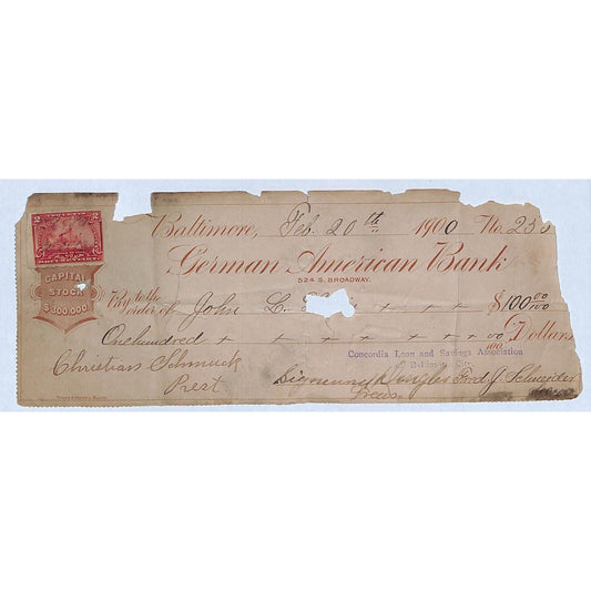 1900 German American Bank Check w/ Rev Stamp - Poor Con. "Christian Schmuck ??"