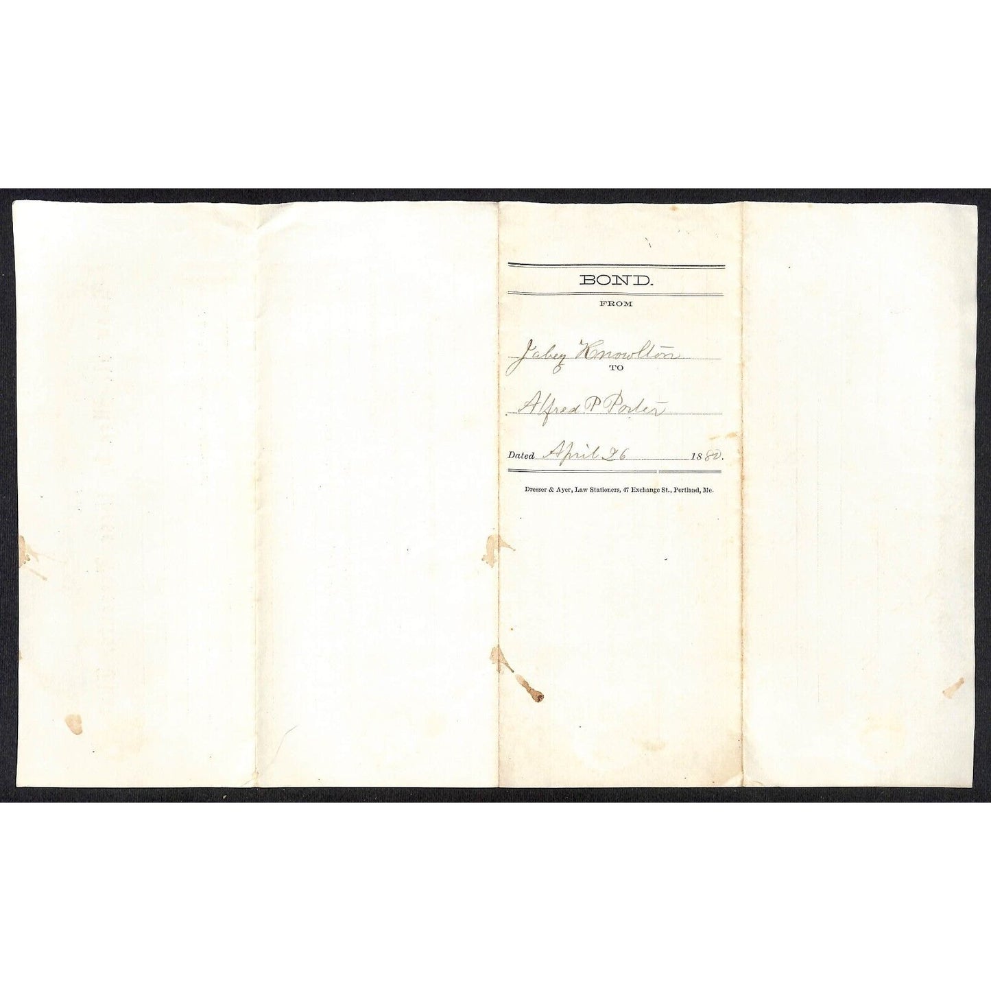 1880 $1,000 Bond Document Jabez Knowlton* & Alfred P. Porter Newburgh, ME