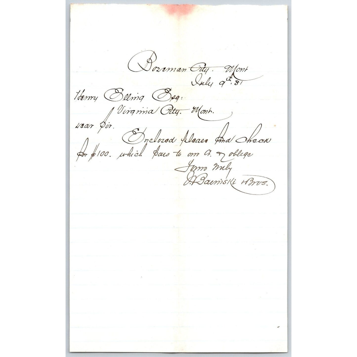 1881 J. Basinski & Bros. Miles City Cash Store ALS to Henry Elling* $100 Payment