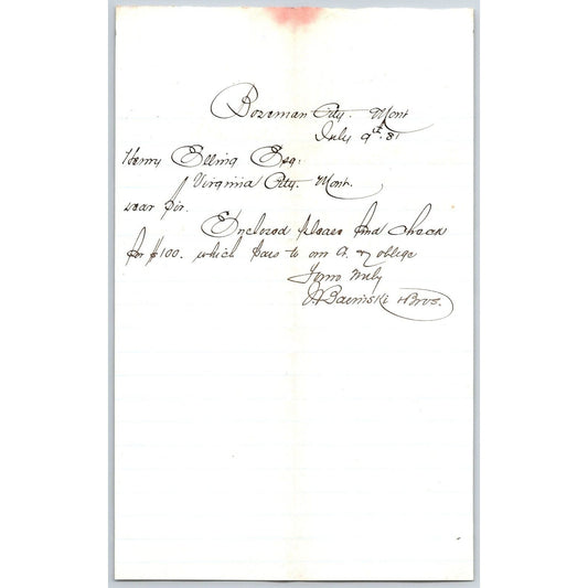 1881 J. Basinski & Bros. Miles City Cash Store ALS to Henry Elling* $100 Payment