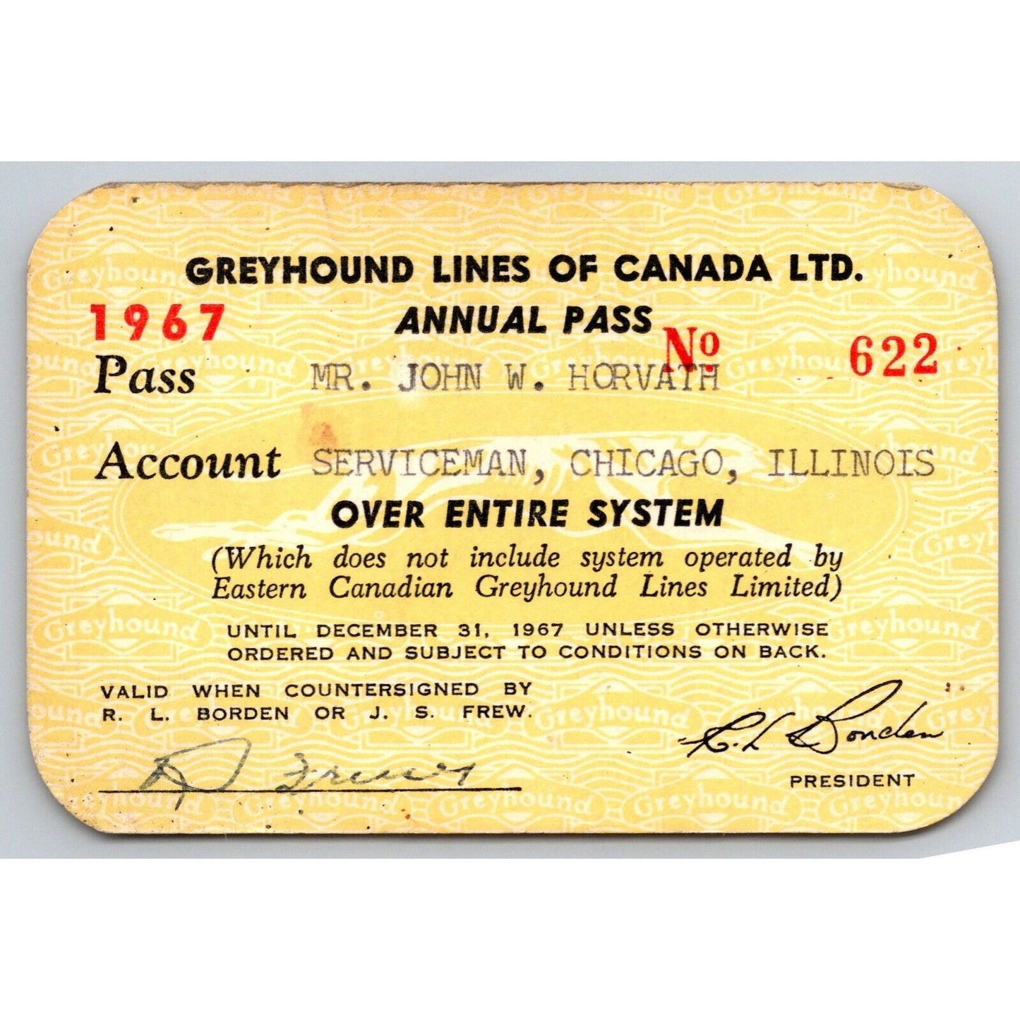 Greyhound Lines of Canada 1967 Annual / Yearly Bus Pass #622