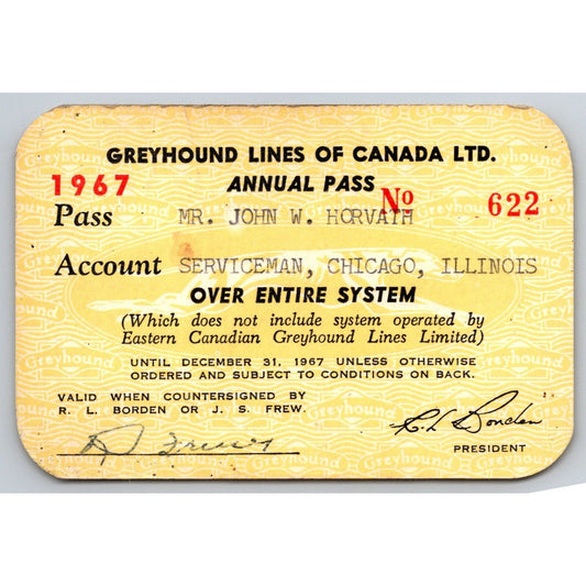 Greyhound Lines of Canada 1967 Annual / Yearly Bus Pass #622
