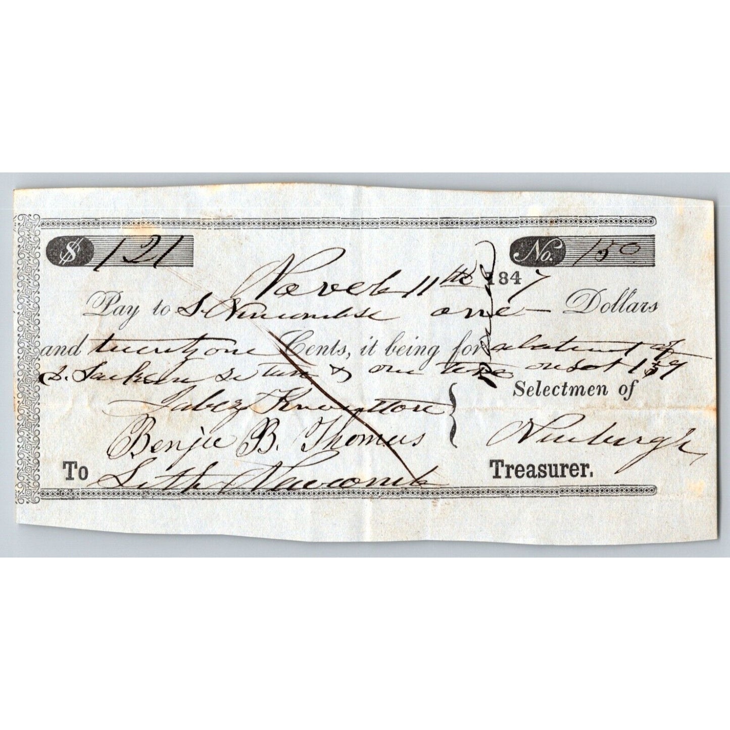 1847 Jabez Knowlton* Newburgh ME Check #150 for $121