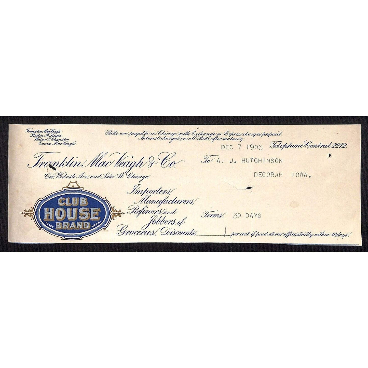 Franklin Mac Veagh Club House HJ Hutchinson Decorah, IA* Cut 1903 Billhead