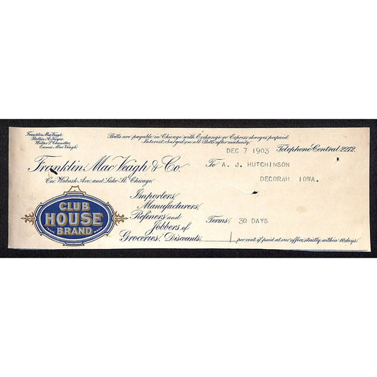 Franklin Mac Veagh Club House HJ Hutchinson Decorah, IA* Cut 1903 Billhead