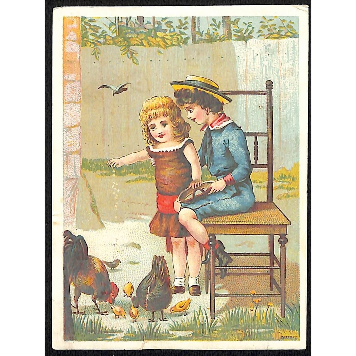 Gates' Champion Coffee Victorian Trade Card Boy & Girl Feed Chickens