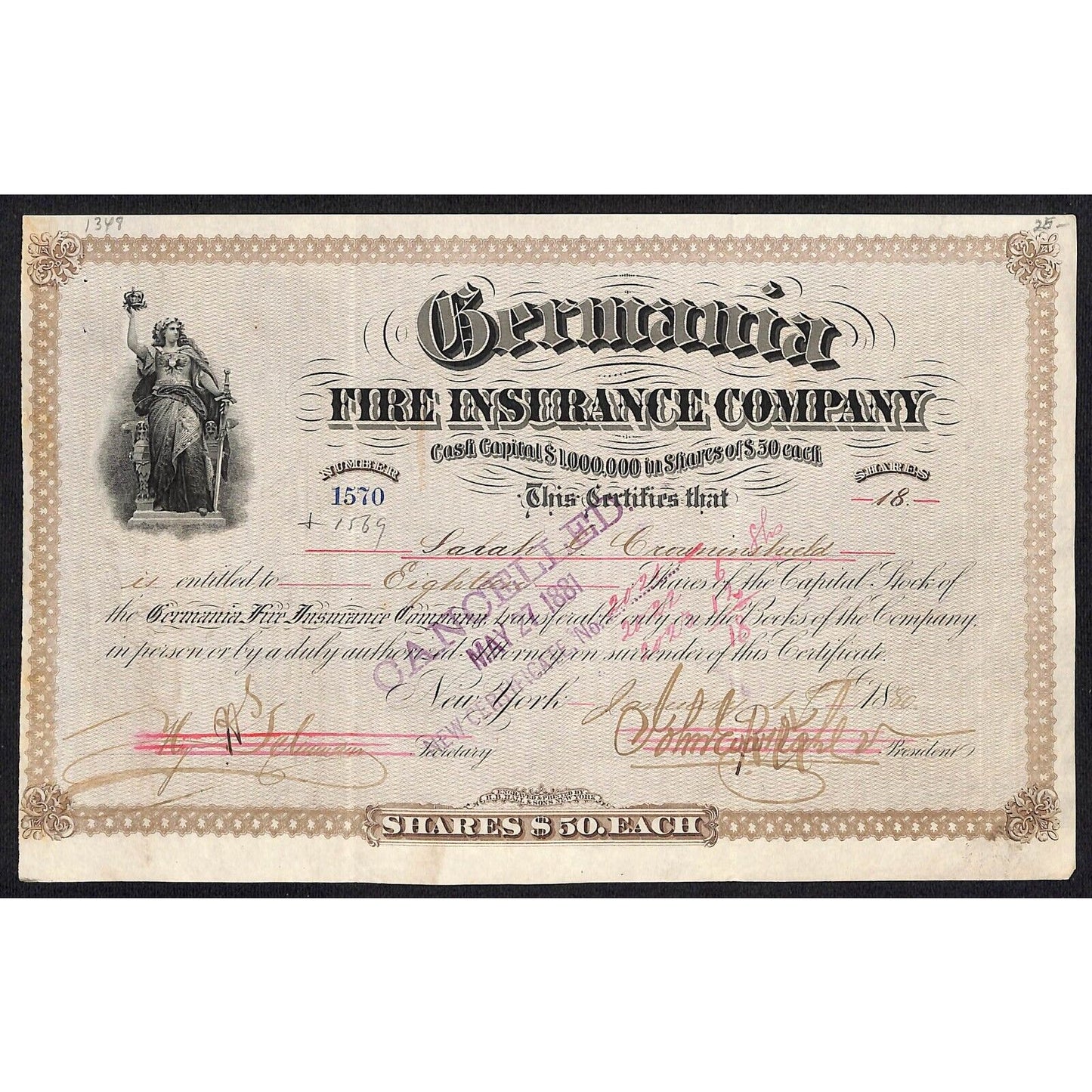 Germania Fire Insurance Co. 1880 Stock Certificate to Sarah Crowninshield