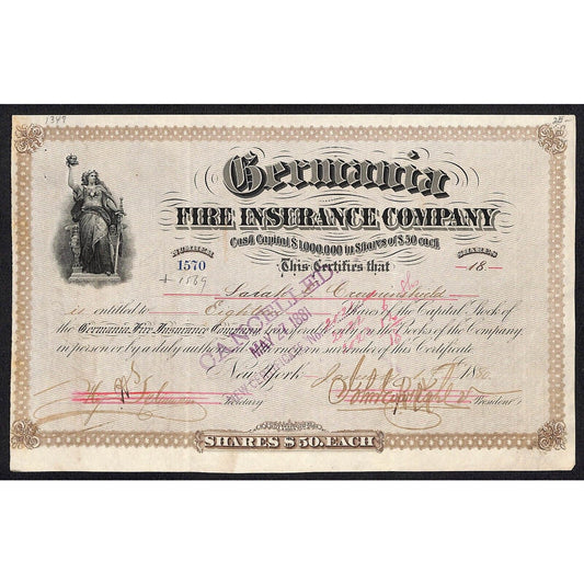 Germania Fire Insurance Co. 1880 Stock Certificate to Sarah Crowninshield