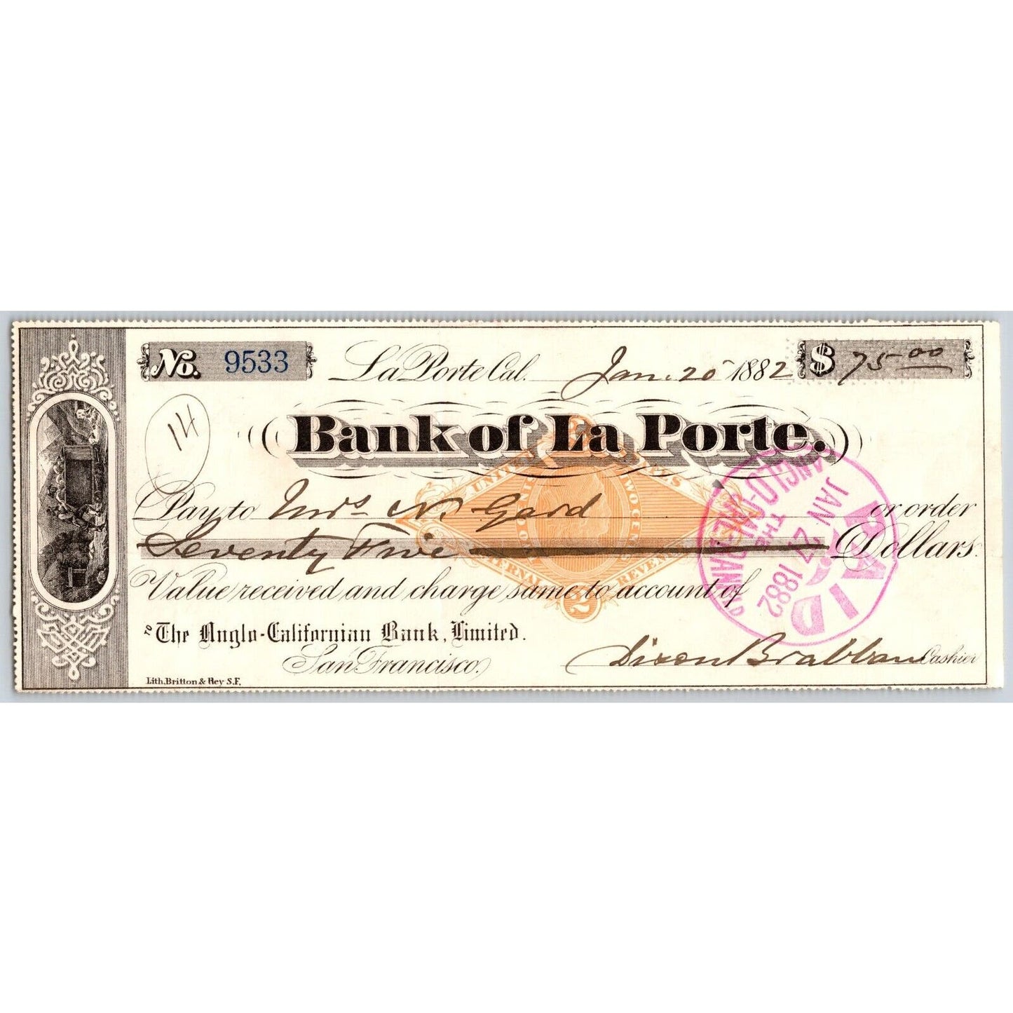 Bank of La Porte Check Mrs. N. Gard 1882 Mining Vignette RN-G1 Rev Stamp #9533