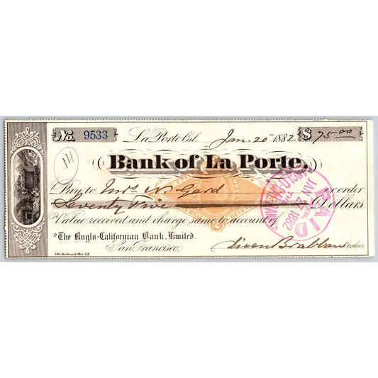 Bank of La Porte Check Mrs. N. Gard 1882 Mining Vignette RN-G1 Rev Stamp #9533