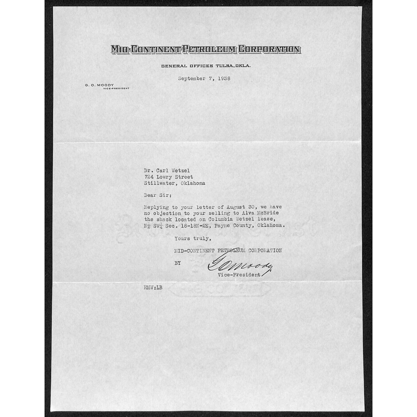 1938 Mid-Continental Petroleum Corp. Tulsa, OK TLS Letterhead