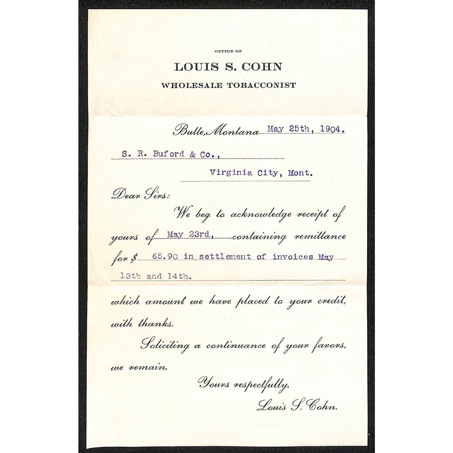 Louis S. Cohn Wholesale Tobacconist 1904 Butte, Montana Receipt Buford*