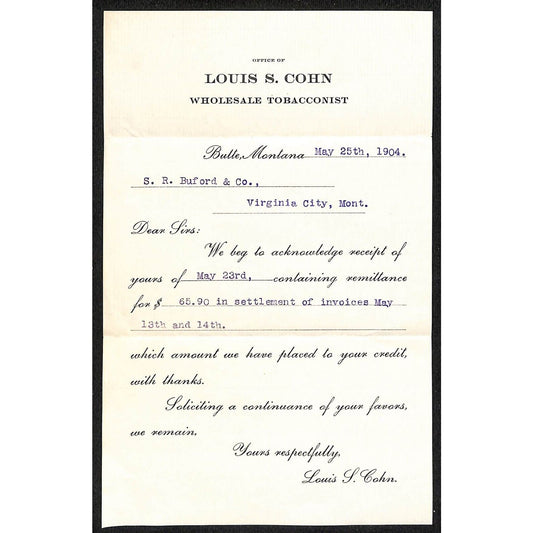 Louis S. Cohn Wholesale Tobacconist 1904 Butte, Montana Receipt Buford*