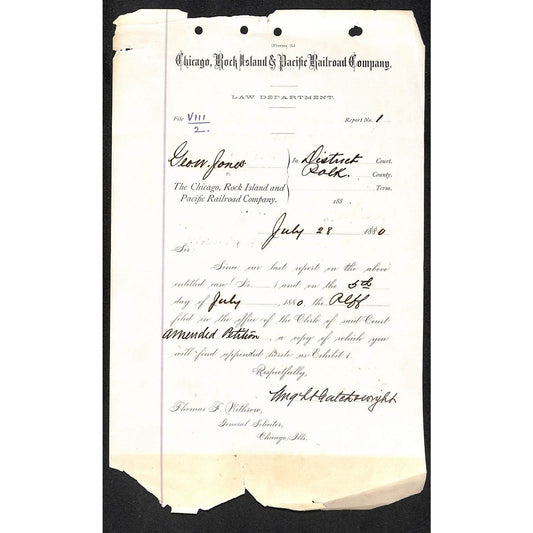 1880 George W. Jones vs. Chicago, Rock Island & Pacific Railroad Legal Document