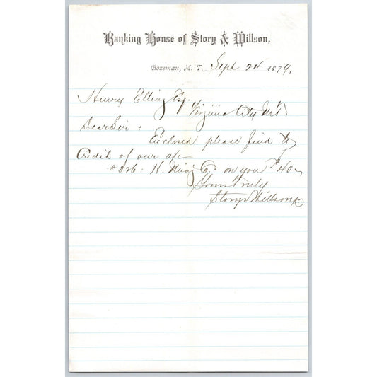 Banking House of Story & Nelson Bozeman, MT 9/24 1879 Letterhead Henry Elling*
