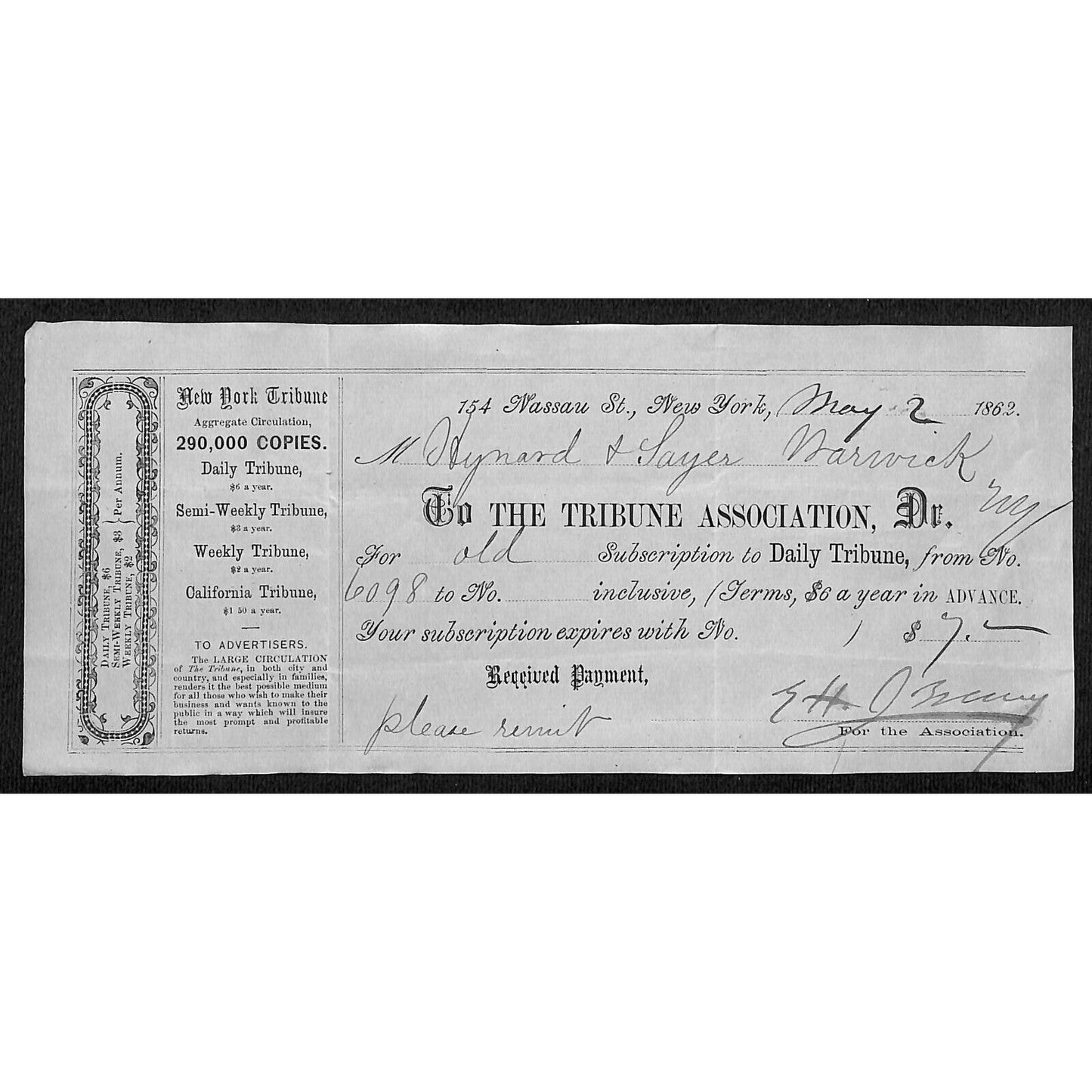 1862 NYC Daily Tribune Subscription Receipt Nassau St. w/ Prices