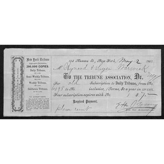 1862 NYC Daily Tribune Subscription Receipt Nassau St. w/ Prices