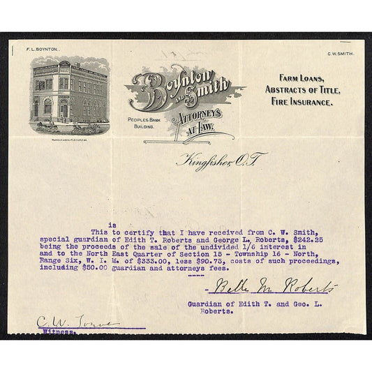 c1892 - 1907 Boynton and Smith Attorneys Kingfisher, OK Territorial Letterhead