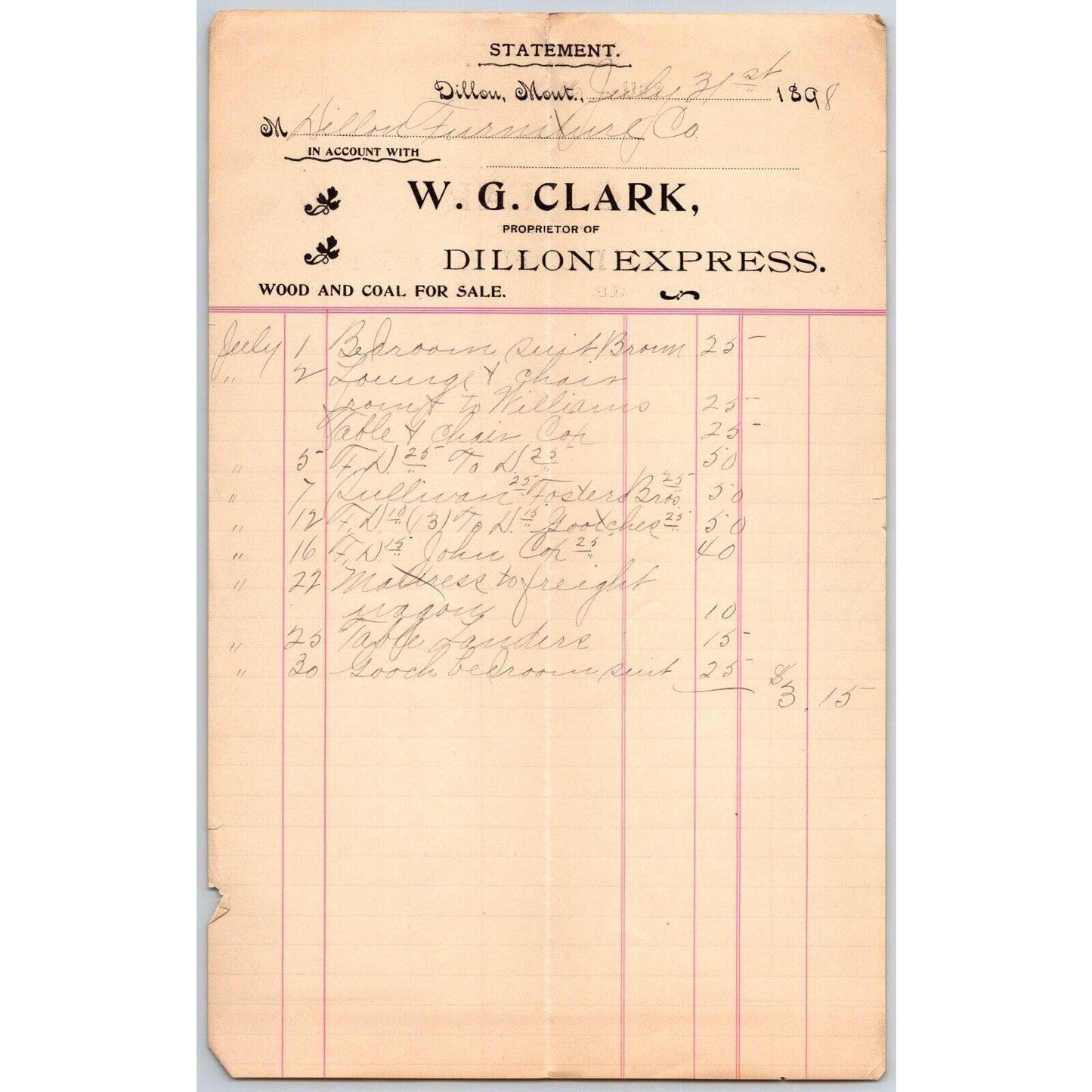Dillon, MT W.G. Clark Dillon Express Expressman Coal & Wood Aug 1898 Billhead