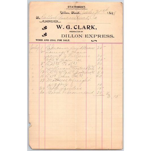 Dillon, MT W.G. Clark Dillon Express Expressman Coal & Wood Aug 1898 Billhead